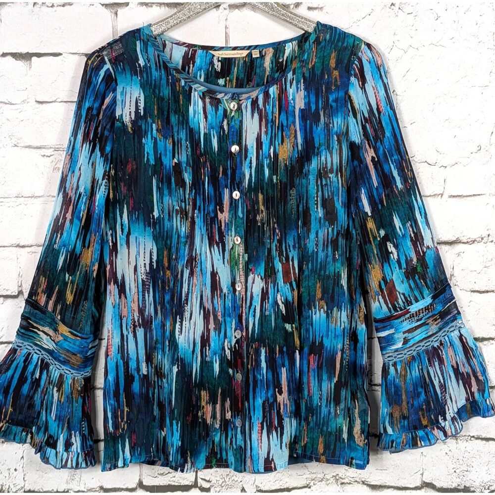 SOFT SURROUNDINGS "Amelie" 2 in 1 Blue Abstract Artsy Boho Hippie Blouse Medium
